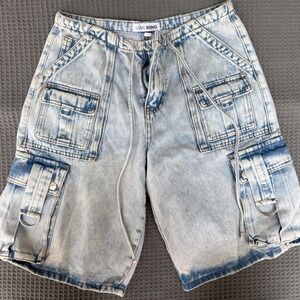 Love Soho Acid Wash Denim Cargo Shorts Light Blue Multi Pocket D-Ring Size 5